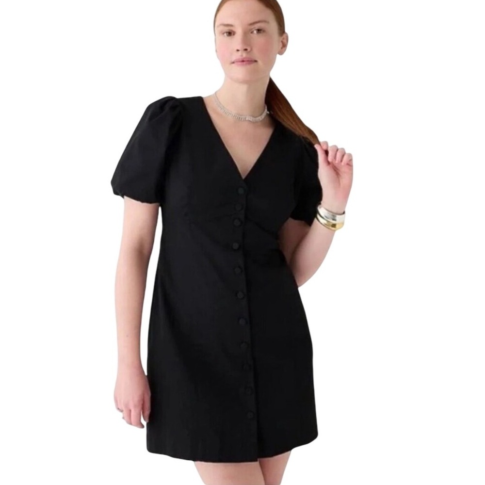 J.Crew button-front puff-sleeve mini dress‎ style BP874 Black Stretch Twill 12